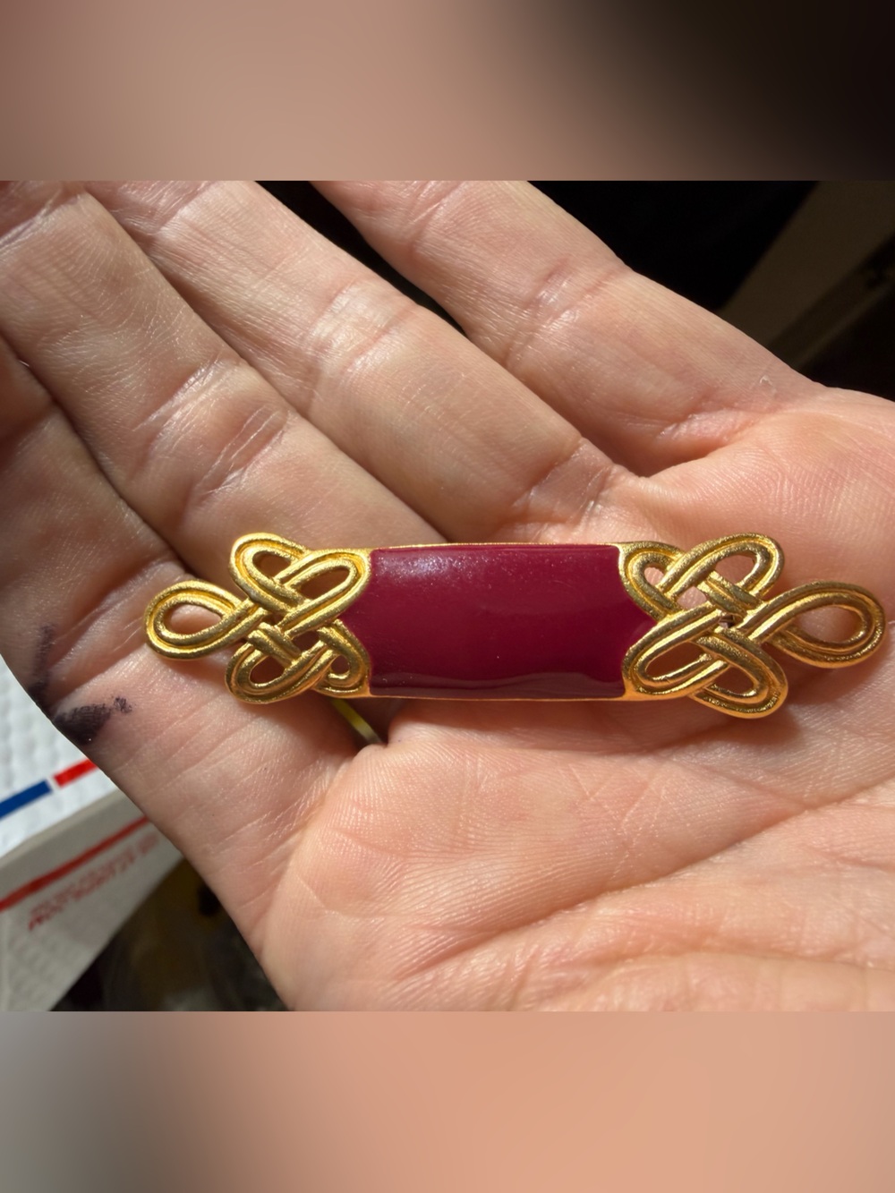 Vintage Monet Gold Tone Burgundy Enamel Bar Brooch